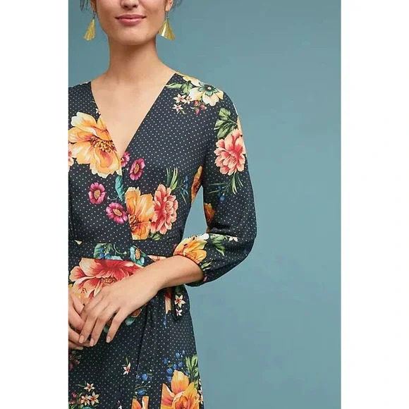 Farm Rio Anthropologie Majorca Wrap Dress Hi Lo Floral Boho Women's Size Small - Picture 3 of 16